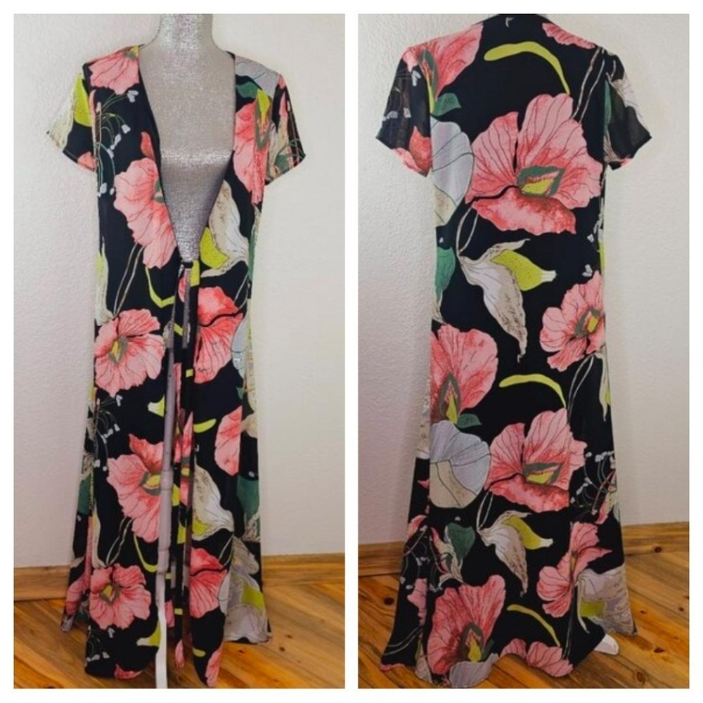 Catch Stitch Floral Hibiscus Tie Front Long Duster